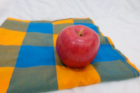 แอปเปิ้ล, ผ้าขาวม้า, แอปเปิ้ลบนผ้าขาวม้า, ผ้ามะม้า, apple, ผลไม้, ผ้าด้าม, สีฟ้า, ผ้าขาวม้าตารางหมากรุก, ผ้าขาวม้าเหลือฟ้า,